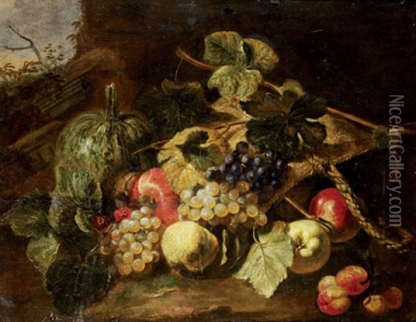 Nature Morte Aux Raisins, Pommes Et Prunes Oil Painting - Michelangelo di Campidoglio