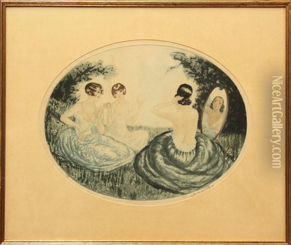 Three Ladies At The Mirror Oil Painting - Charles Naillod