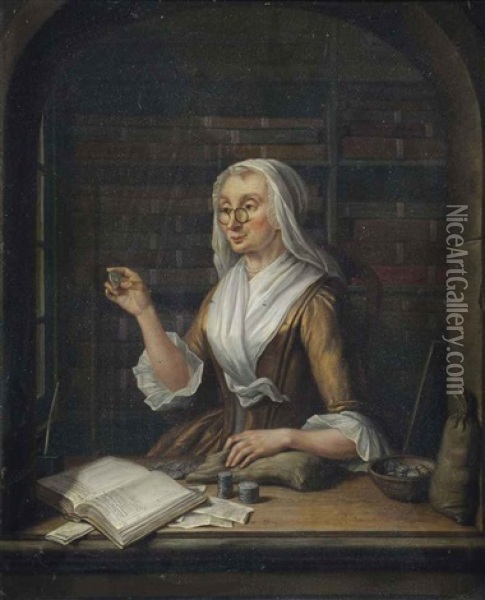 A Woman Counting Money In A Niche, An Archive In The Background Oil Painting - Tiebout Regters