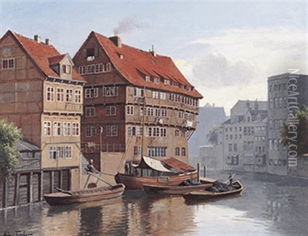 Hamburger Kanalansicht An Einem Sonnentag Oil Painting - August Fischer