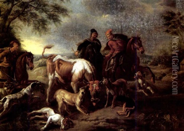 A Hunting Party Surrounding A Bull For The Kill Oil Painting - Joseph Georg Winter