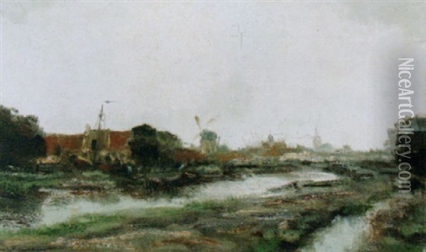 A View Of A Village Along A River Oil Painting - Willem George Frederik Jansen