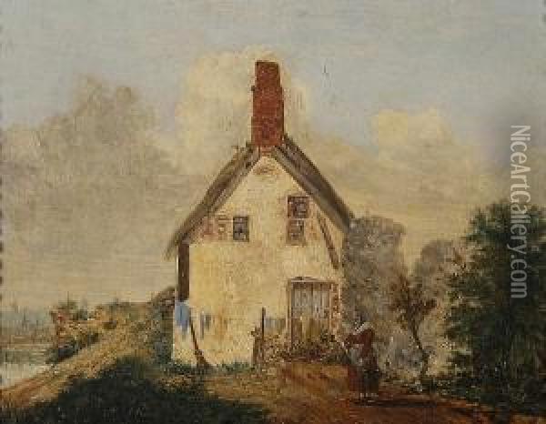 Woman At Her Washing Line By A Riverside Cottage Oil Painting - Alfred Stannard