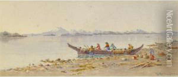 Natives Loading Canoes Oil Painting - Theodore J. Richardson