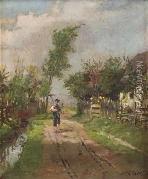 Heimkehrender Bauernjunge Auf Dorfstrase Oil Painting - Friedrich Gottlieb