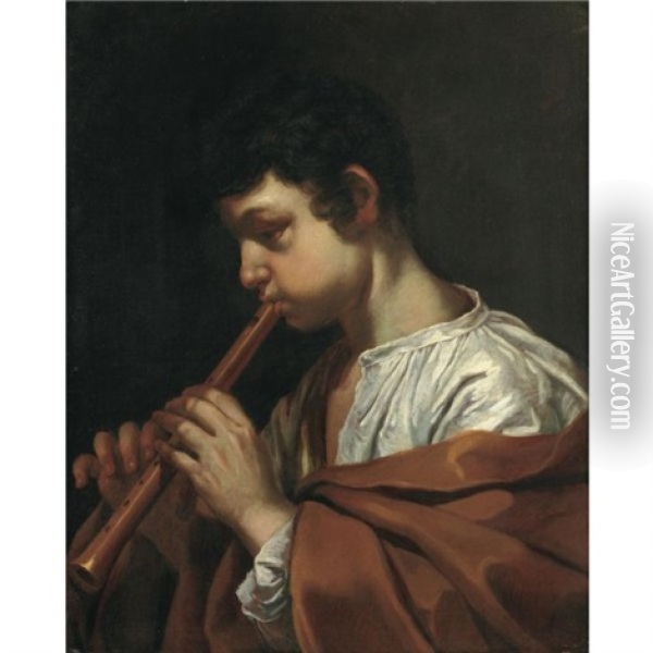 A Young Boy, In Profile, Playing A Pipe Oil Painting - Johann Carl Loth