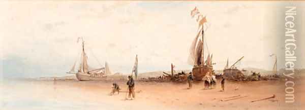 Beached fishing vessels in a coastal landscape Oil Painting - Robert Pritchett