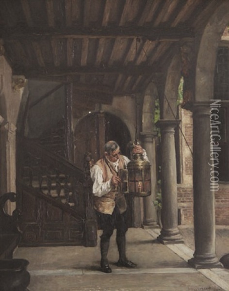 Homme A La Lanterne Sous La Galerie Au Musee Plantin Et Moretus Oil Painting - Pieter J. Verhaert
