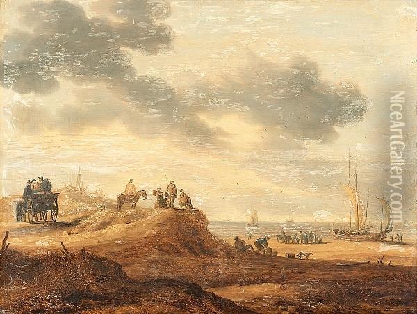 A Dune Landscape With Figures On The Shore, Shipping Beyond Oil Painting - Jan van Goyen