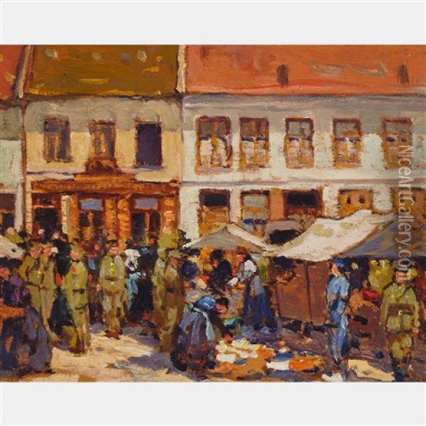 Marketplace, Belgium Oil Painting - John William Beatty
