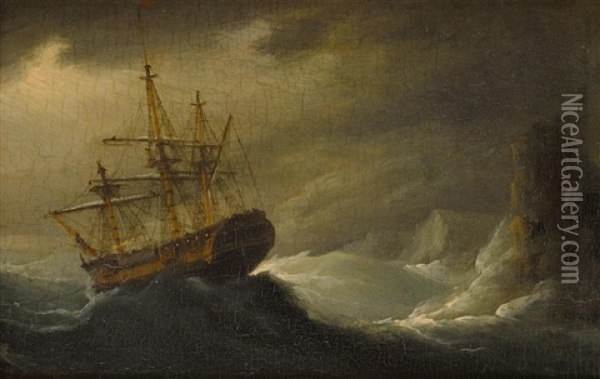 A Warship Heeling In The Breeze; And A Warship In Dangerous Waters (a Pair) Oil Painting - Francis Sartorius the Younger