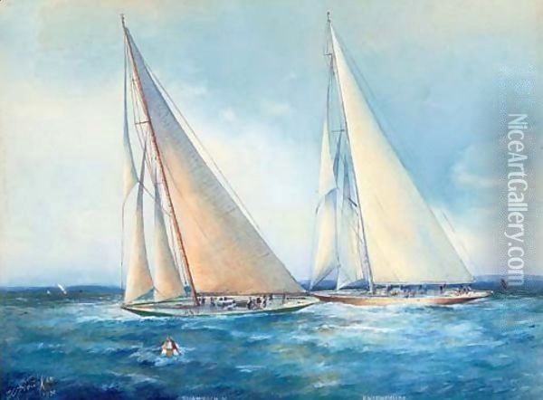 Shamrock (V) and Enterprise on an upwind leg Oil Painting - William Alexander Coulter