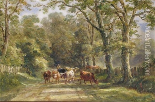Cattle On A Lane (+ Cattle By A River At Dusk; Pair) Oil Painting - Henry (Sr.) Earp