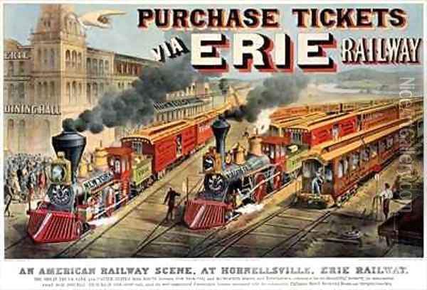 The American Railway Scene at Hornellsville Erie Railway Oil Painting - Currier