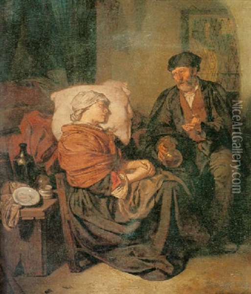 A Doctor Visiting A Sick Woman In An Interior Oil Painting - Cornelis Pietersz Bega