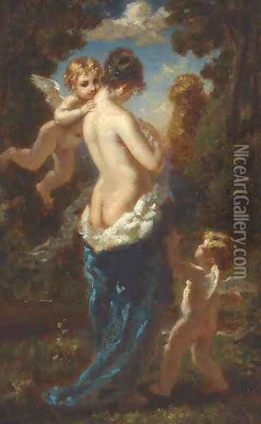 Jeune femme demi-nue, dos de trois-quarts entoure de deux amours Oil Painting - Narcisse-Virgile Diaz de la Pena