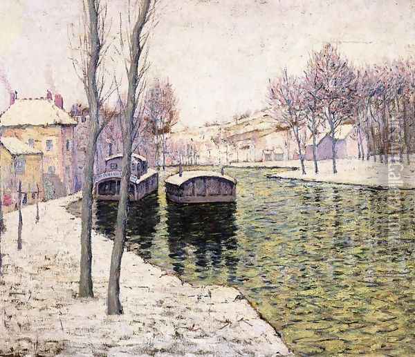 Barges on the Seine Oil Painting - Ernest Lawson