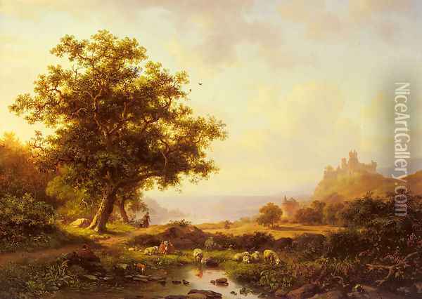 An Extensive River Landscape With A Castle On A Hill Beyond Oil Painting - Frederik Marianus Kruseman