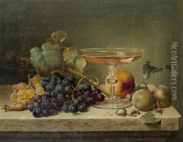Still Life Of Fruit, Nuts And A Glass On A Marble Ledge Oil Painting - Johann Wilhelm Preyer