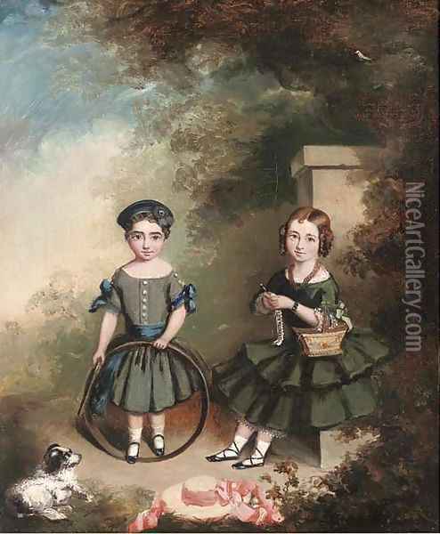 Portrait of two girls Oil Painting - English Provincial School