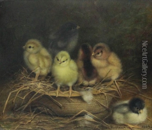 Chicks In Basket, 1904 Oil Painting - Ben Austrian
