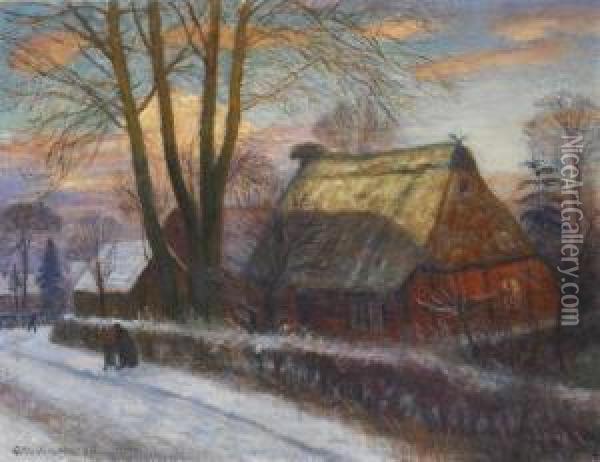 Dorfstrase Im Winter Mit Bauernhaus Oil Painting - Otto Modersohn