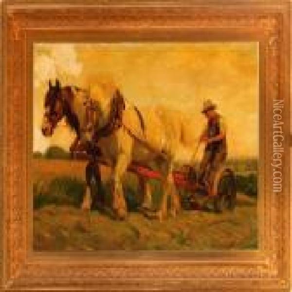 A Man With His Horses Ona Field Oil Painting - Heywood Hardy