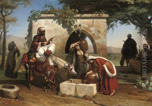 A Serenade At The Well Oil Painting - Pierre-Francois Lehoux