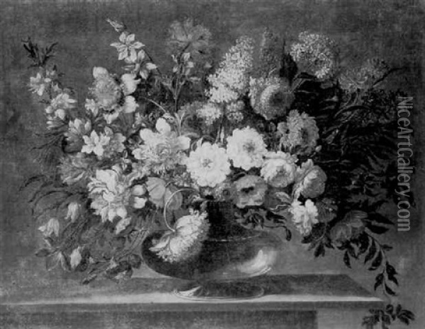 A Still Life Of Lilac, Peonies, Roses And Other Flowers In A Glass Vase On A Stone Ledge Oil Painting - Pieter Hardime