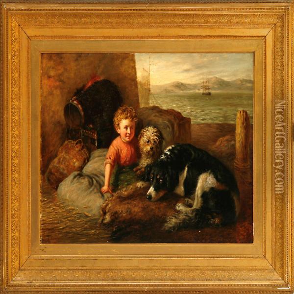 Harbour Scene With Aboy And Two Shipdogs Oil Painting - Samuel Edmonston