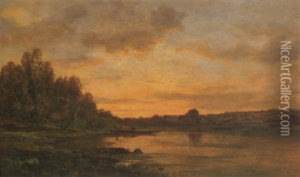 Sunset Over River With Barge And Figure Oil Painting - Jules Charles Rozier