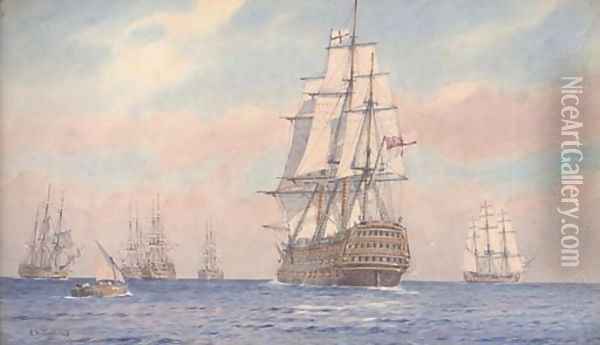 Nelson in H.M.S. Victory joining the fleet off Cadiz prior to the battle of Trafalgar Oil Painting - Alma Claude Burlton Cull