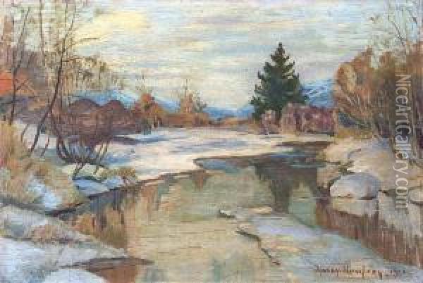 Pejzaz Zimowy Z Rzeka Oil Painting - Ignacy Hirschfang