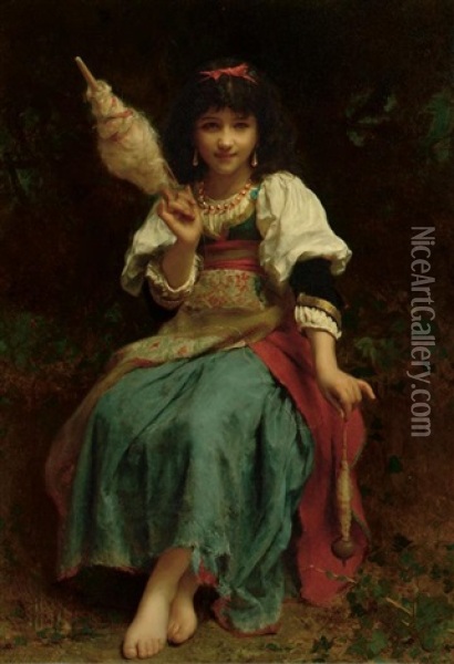 Young Woman Carding Wool Oil Painting - Etienne Adolph Piot