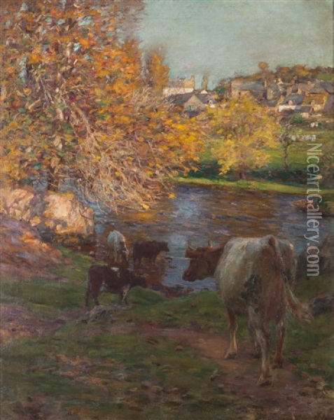 Landscape With Houses, Trees And Cows Oil Painting - Jose Julio Souza Pinto
