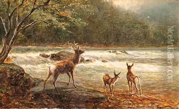 Deer Crossing the Stream Oil Painting - William de la Montagne Cary
