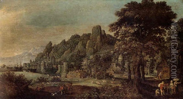 A Rocky Wooded Landscape With A Coastal Town Oil Painting - Marten Ryckaert