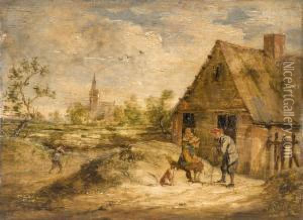 Deux Paysans Discutant Devant Une Chaumiere Oil Painting - David The Younger Teniers