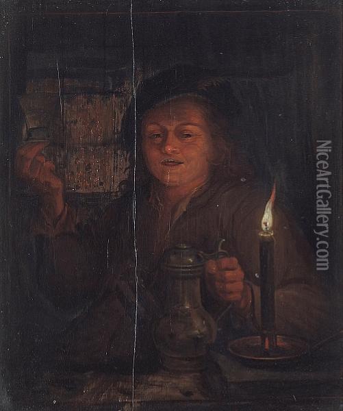 A Young Man With A Tankard By Candlelight Oil Painting - Godfried Schalcken
