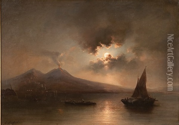 Italian Coastal Moonlit Scene With Erupting Volcano Oil Painting - Carl Friedrich Seiffert