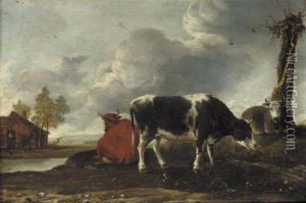 Cattle On A Riverbank With A Cottage Beyond Oil Painting - Anthonie Van Borssom