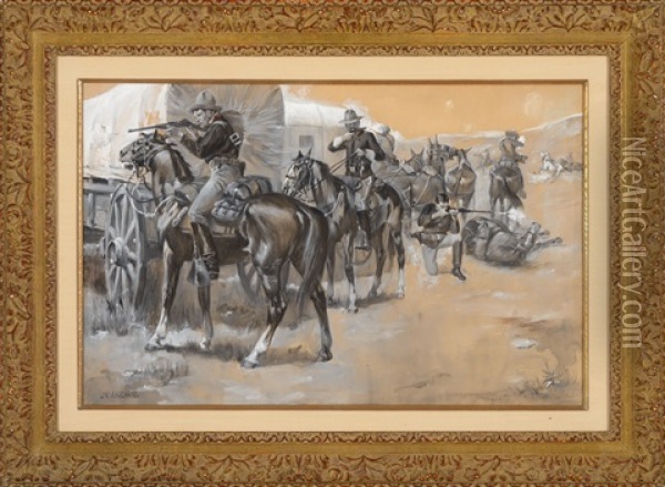 Defense Of The Wagon Train [or] Fighting Them Off Oil Painting - John (Norval) Marchand