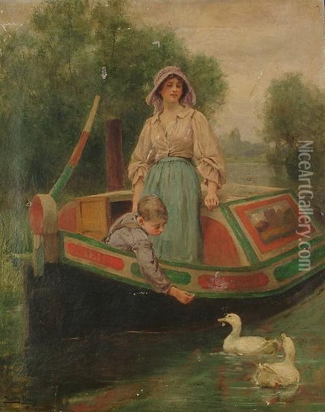 Mother And Child On A Canal Barge Oil Painting - Henry John Yeend King