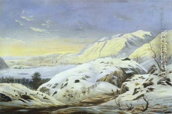 Bergen Set Fra Natland, Vinter, I Forgrunden Figurer Pa En Sti Oil Painting - Tycho Christopher Jaeger