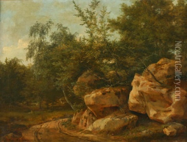 Lichtung Mit Weg In Einem Felsigen Waldstuck Bei Fontainebleau Oil Painting - Theodore Rousseau