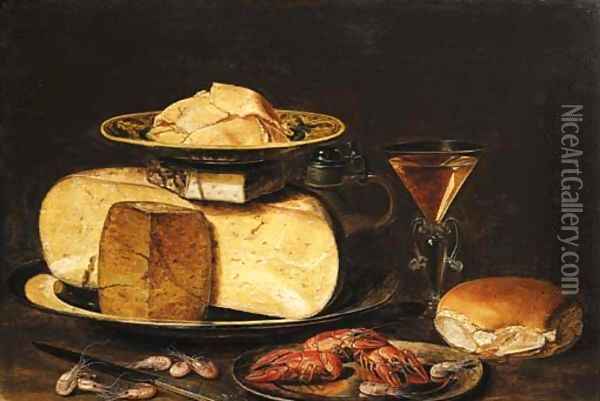 Slices of butter on a Wanli 'kraak' porselein plate, on a cheesestack on a pewter plate, with a jug, a facon-de-Venise wineglass, a bun Oil Painting - Clara Peeters