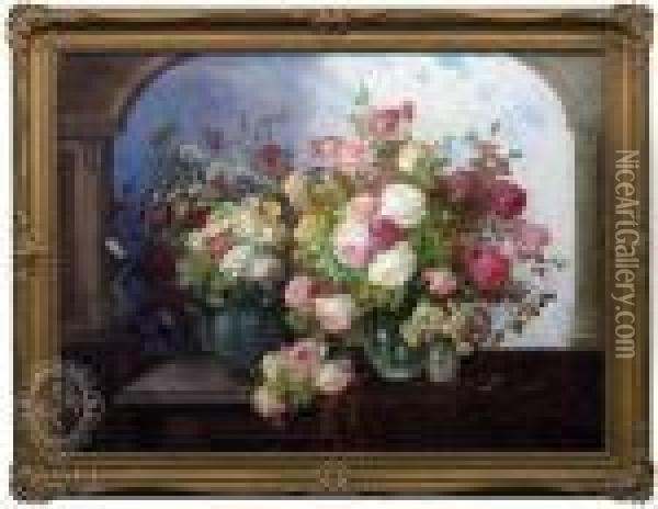 Still-lifewith Roses And Summer Flowers Decorated In Front Of A Window Oil Painting - Konstantin Stoitzner