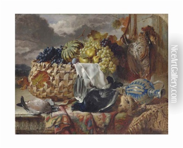 A Black Grouse, A Greyhen, A Wood Pigeon And A Pheasant Beside Grapes, Pears And A Melon In A Wicker Basket, On A Partially Draped Ledge Oil Painting - William Duffield