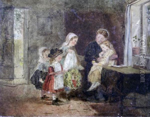 Interior With Mother And Children Oil Painting - George Hardy