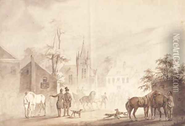 Horsemen by a village square, a church beyond Oil Painting - Conradyn Cunaeus